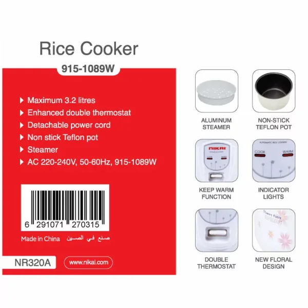 Nikai Rice Cooker 3.2l Keep Warm Function Teflon Coated Inner Pot NR320A Aluminum Steamer Double Thermostat Detachable Power Cord