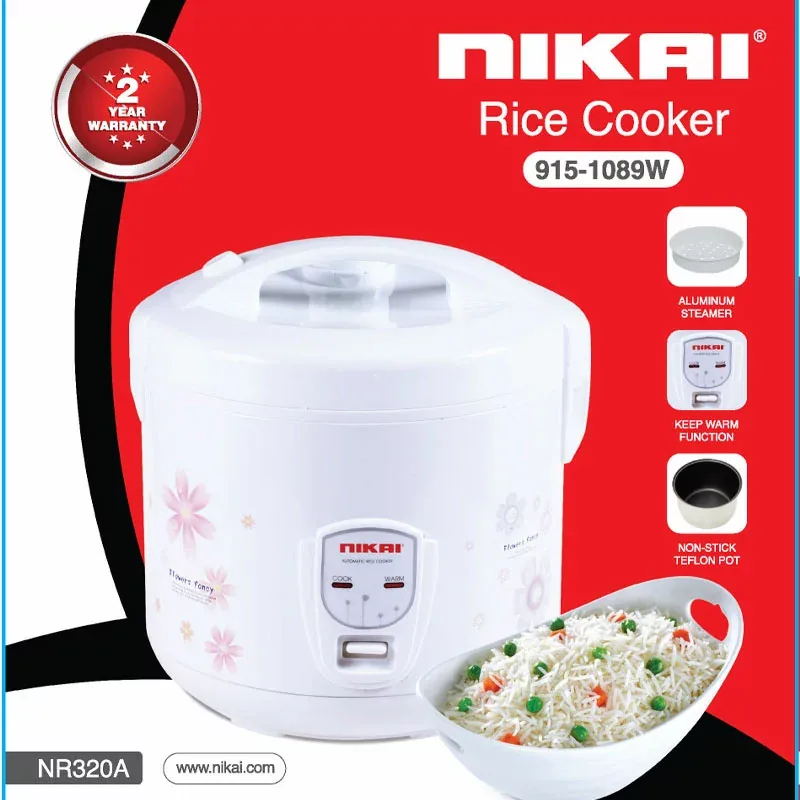 Nikai Rice Cooker 3.2l Keep Warm Function Teflon Coated Inner Pot NR320A Aluminum Steamer Double Thermostat Detachable Power Cord