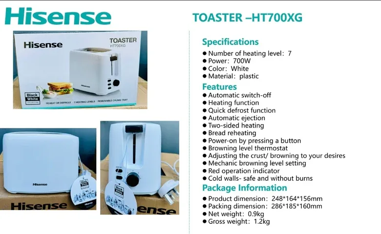 Hisense Toaster, 7 Heating Levels, Preheat or Defrost, Removable Crumb HT700XG