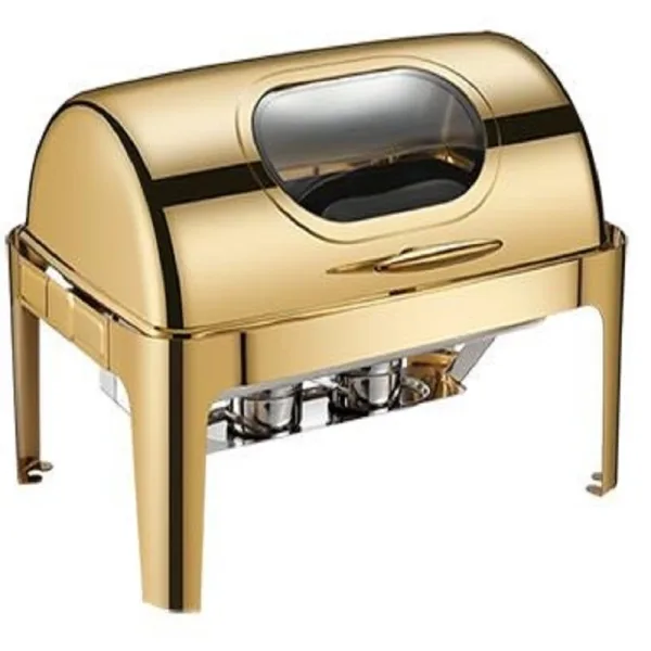 Commercial Kitchen Equipment Roll Top Rectangular Golden Chafing Dish 9.0L, Glass Viewing Window, Soft-Motion Lid DZW-KG723