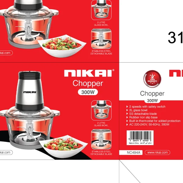 Nikai Chopper 2L Glass Bowl 300W NC494A Detachable Blade Built In Thermostat Stainless Steel Blades 2 Speeds With Safety Switch