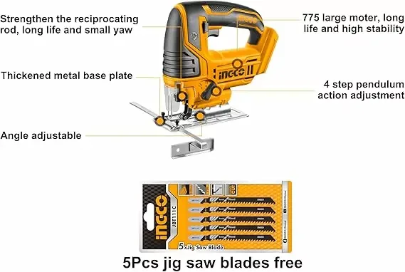 Ingco Lithium-Ion Jig Saw 20v, 2400rpm with 5pcs blades CJSLI8501