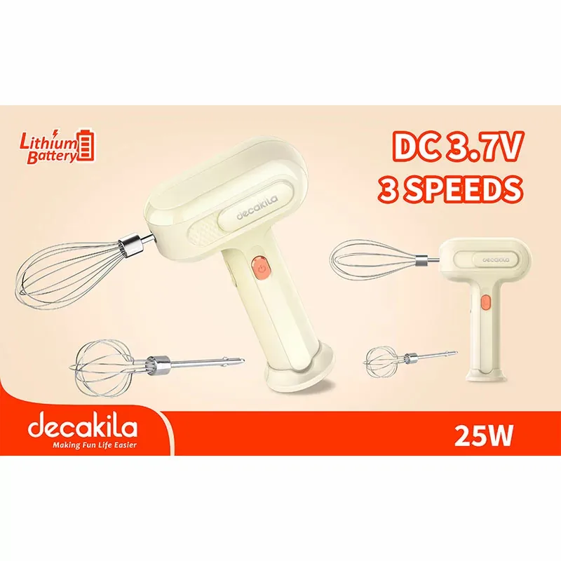Decakila Hand Mixer Cordless 3 Speed with Eject Function 25w Kmmx018e 2 whisks with speed control 1500mah battery volume with 1 usb charging line