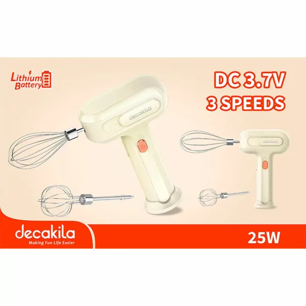 Decakila Hand Mixer Cordless 3 Speed with Eject Function 25w Kmmx018e 2 whisks with speed control 1500mah battery volume with 1 usb charging line
