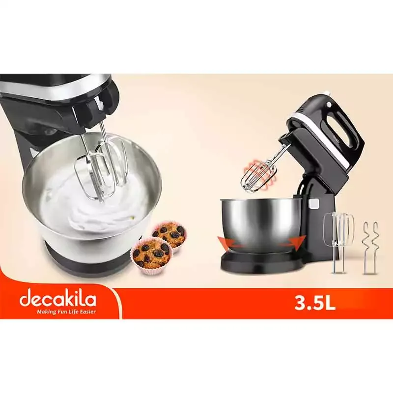 Decakila Kitchen Machine 3.5l Steel Bowl 5 Speed with Turbo Function 250w Kemx012b 2 beaters and dough hooks beater bowl with automatic rotation