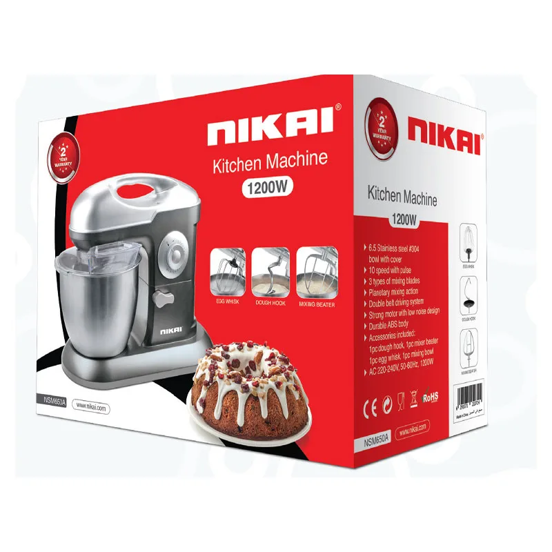 Nikai Kitchen Machine 6.5L Steel Bowl With Cover 1200W NSM650A Stainless Steel Bowl With Cover Metal Gear 3 Blades Whisk, Dough Hook & Beater 10 Speed With Pulse