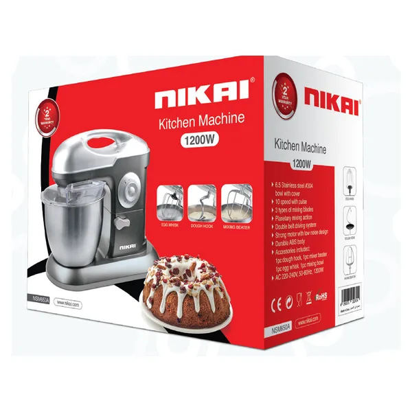 Nikai Kitchen Machine 6.5L Steel Bowl With Cover 1200W NSM650A Stainless Steel Bowl With Cover Metal Gear 3 Blades Whisk, Dough Hook & Beater 10 Speed With Pulse