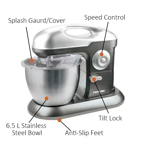 Nikai Kitchen Machine 6.5L Steel Bowl With Cover 1200W NSM650A Stainless Steel Bowl With Cover Metal Gear 3 Blades Whisk, Dough Hook & Beater 10 Speed With Pulse