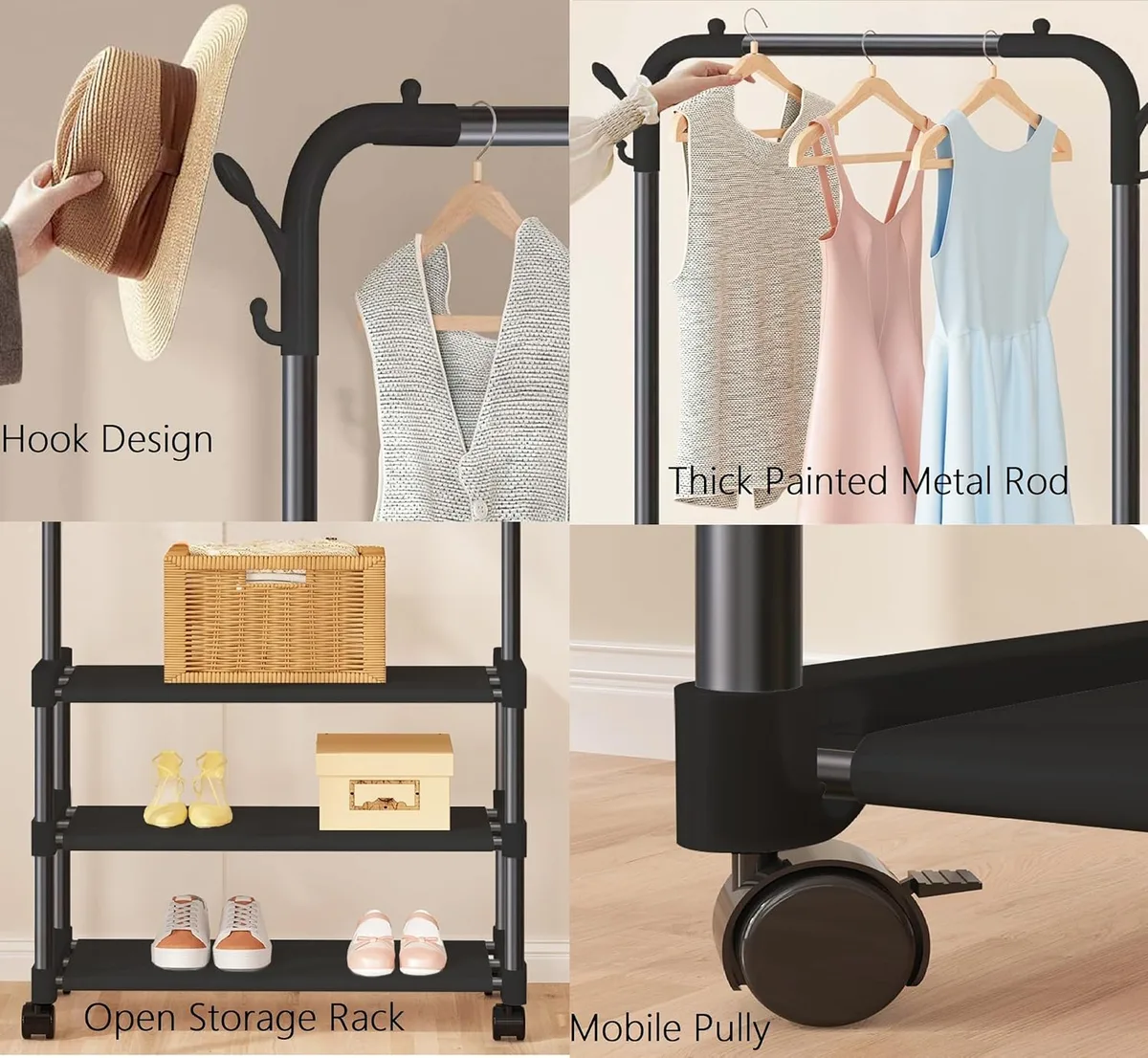Standing Metal Coat Stand - Stylish Black Free-Standing Organizer for Coats, Jackets, Hats, and Umbrellas - Heavy Duty Durable Design - JHC2340L