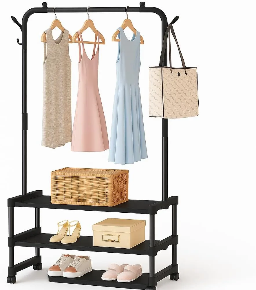 Standing Metal Coat Stand - Stylish Black Free-Standing Organizer for Coats, Jackets, Hats, and Umbrellas - Heavy Duty Durable Design - JHC2340L