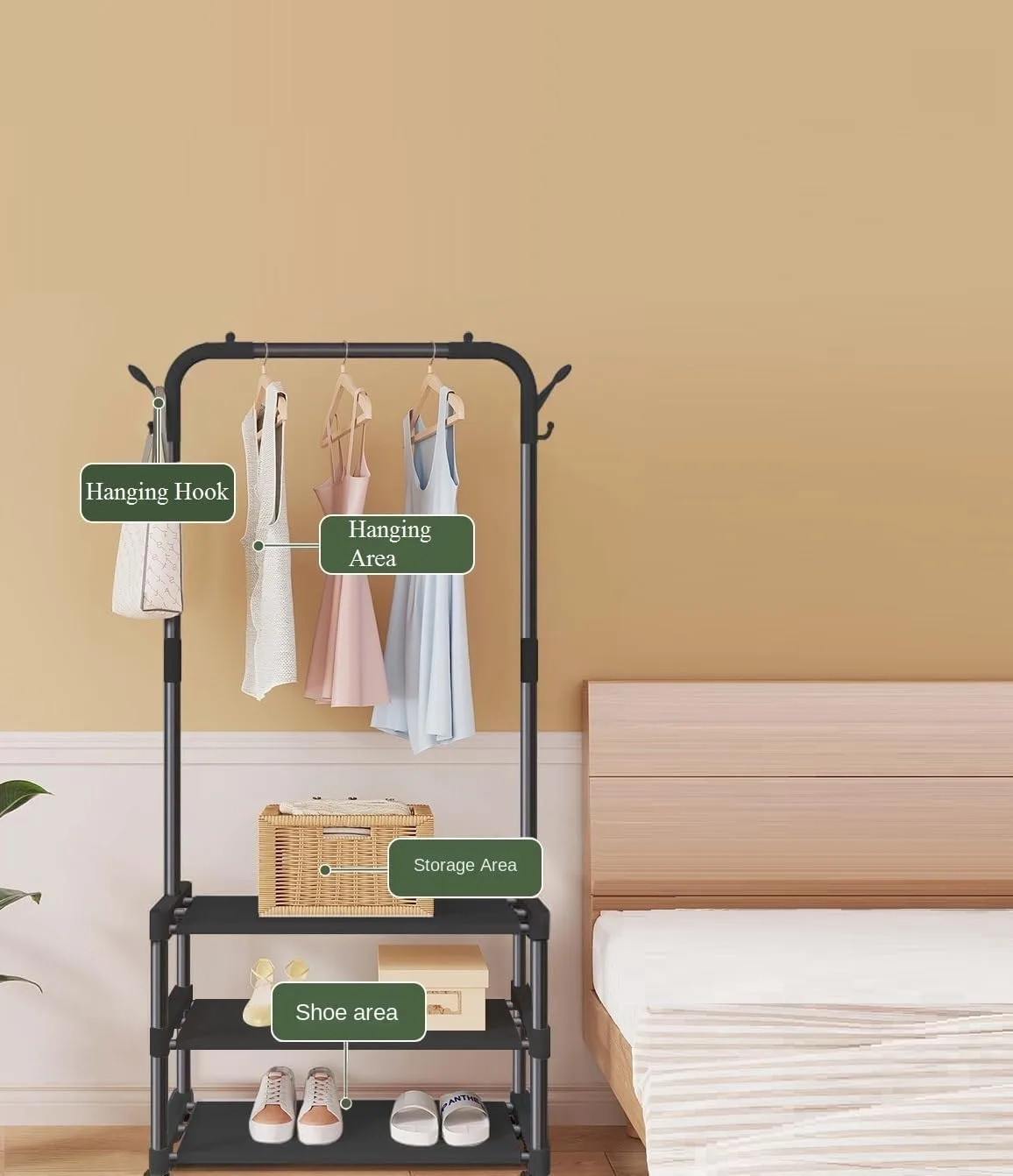 Standing Metal Coat Stand - Stylish Black Free-Standing Organizer for Coats, Jackets, Hats, and Umbrellas - Heavy Duty Durable Design - JHC2340L