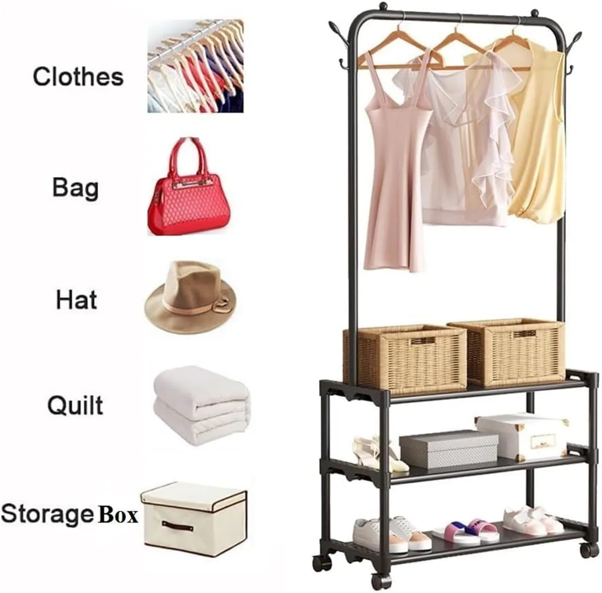 Standing Metal Coat Stand - Stylish Black Free-Standing Organizer for Coats, Jackets, Hats, and Umbrellas - Heavy Duty Durable Design - JHC2340L