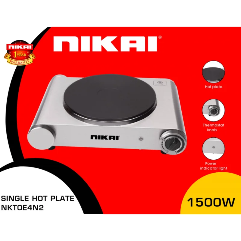Nikai Hot Plate 188MM Single Steel Body 1500W NKTOE4N2 Overheat Protection System Power Indicator Light Adjustable Thermostat Control