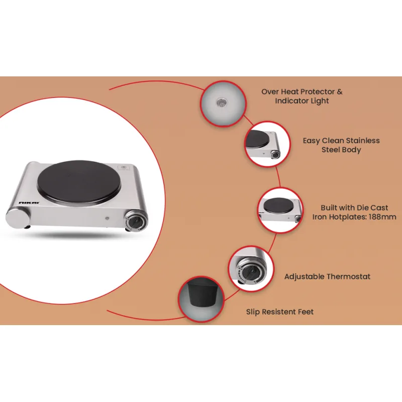 Nikai Hot Plate 188MM Single Steel Body 1500W NKTOE4N2 Overheat Protection System Power Indicator Light Adjustable Thermostat Control
