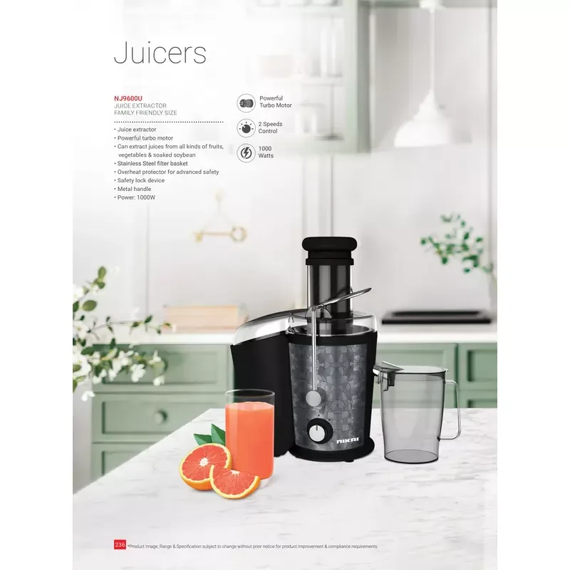 Nikai Juicer Extractor Metal Handle 800W NJ9600 2 Speed With Pulse Function With Steel Filter Basket Overheat Protector Powerful Turo Motor