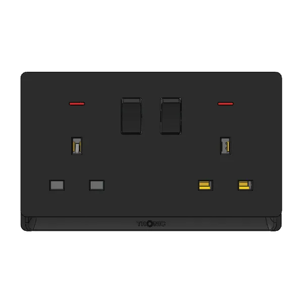 Tronic 2-Gang Switched Socket with Neon - Black