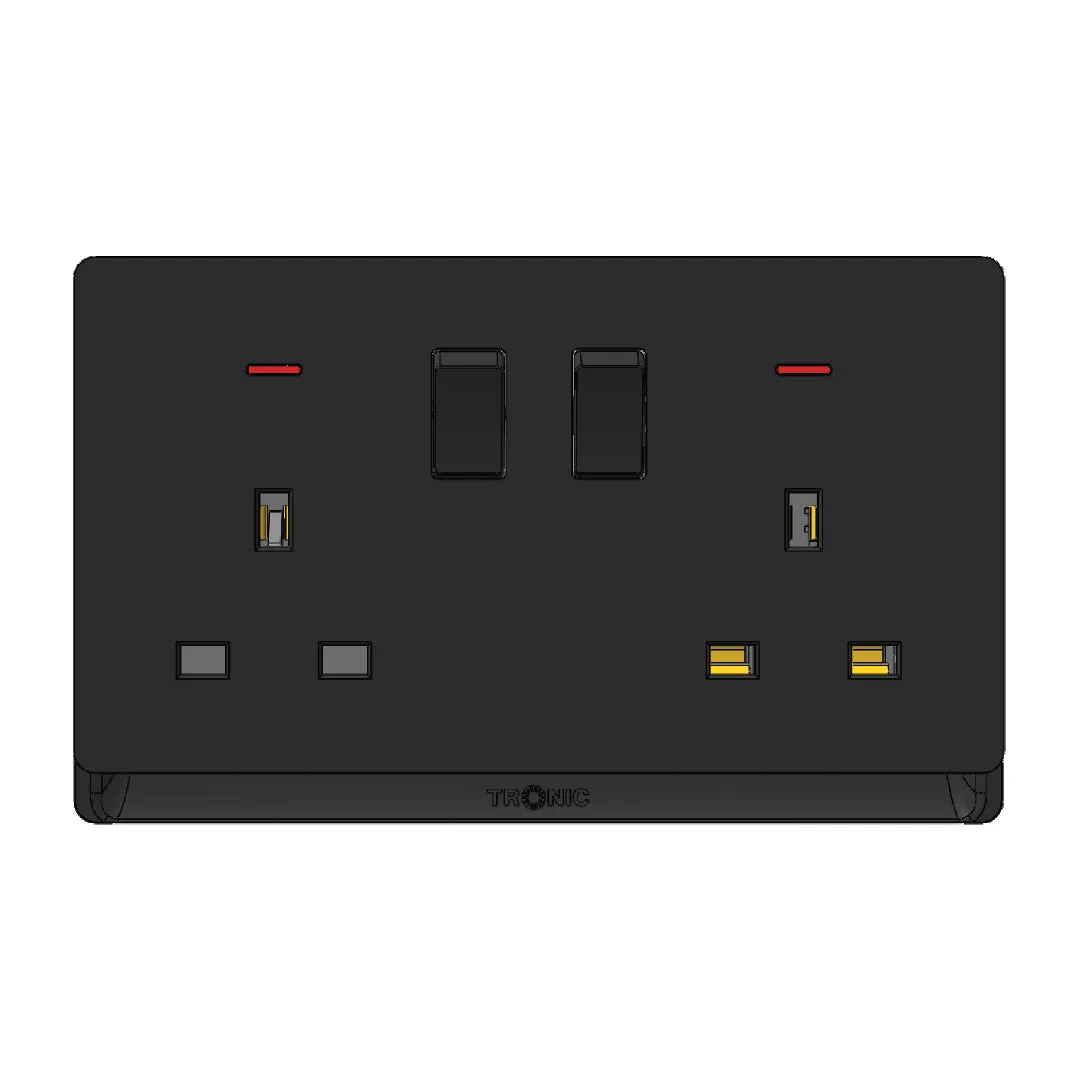 Tronic 2-Gang Switched Socket with Neon - Black