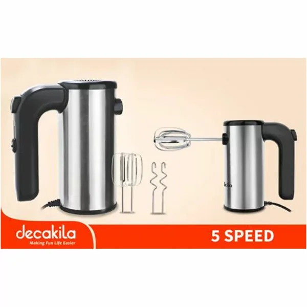 Decakila Hand Mixer 5 Speed with Eject Function 200w Kemx009m stainless steel beaters and hooks with storage for egg beaters with speed control