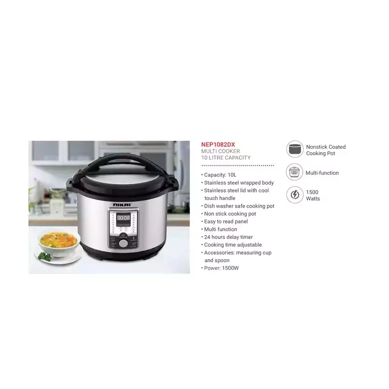 Nikai Pressure Cooker Electric 10L Digital Multi Functional Cooker 1500W NEP1082X Non Stick Cooking Pot Stainless Steel Wraped Body And Lid Adjustable Cooking Time With Cool Touch Handle