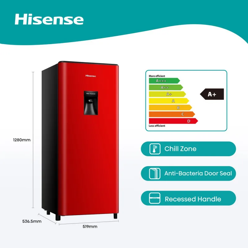 Hisense Refrigerator 177L Single Door, Water Dispenser, Chiller Zone, Anti Bacteria Door Seal, Recessed Handle, Red H235RRE-WD