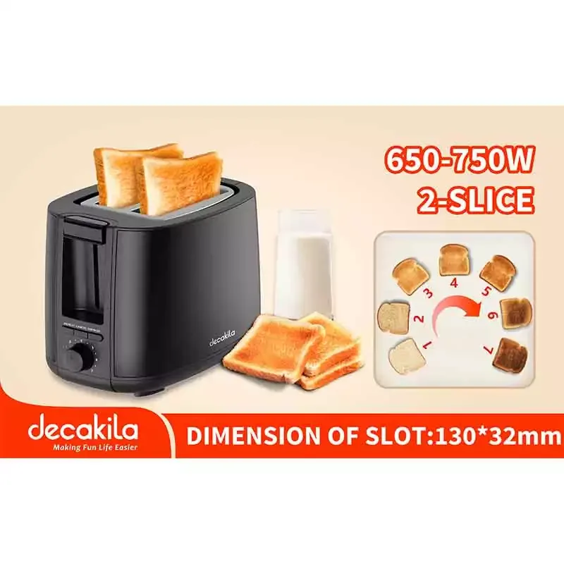 Decakila Toaster 2 Slice 750W Black 7 Toast Variants 7-Setting Browning Control With Removable Crumbs Tray KETS008B