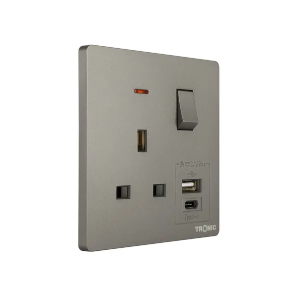 Tronic Grey - Single Switch Socket with USB + Type C