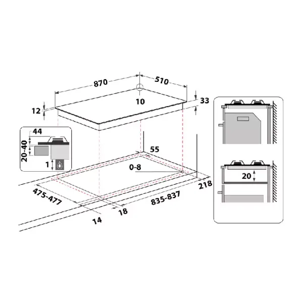 Ariston Gas Hob 87cm with 5 Gas Burners, Automatic Ignition, Mechanical Control PHN 961 TS/IX