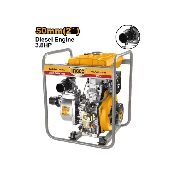 Ingco Diesel Water Pump 3.8HP with 12.5L Fuel Tank, Recoil Starting System GEP201