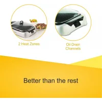 Kenwood Health Grill Adjustable Temperature Cool Touch Handle 2000w Hg266 - 2 Heat Zones Tempered Glass Lid Large Cooking Area Oil Drainage Channels