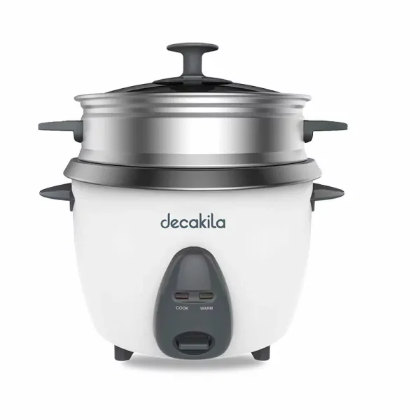 Decakila Rice Cooker 1.5l Keep Warm Function Nonstick Coated Pot 500w Keer033w with spoon, measuring cup and aluminium steaming basket single side nonstick pot coating