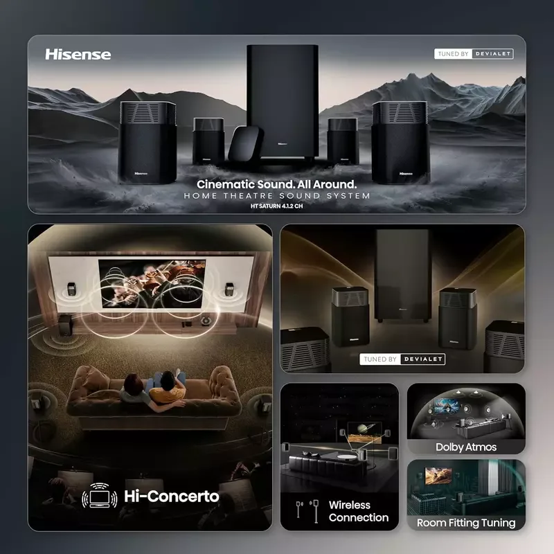 Hisense Home Theatre System 700W 4.1.2Ch with Wireless Subwoofer, Dolby Atmos, DTS:X, Bluetooth 5.3 HT Saturn