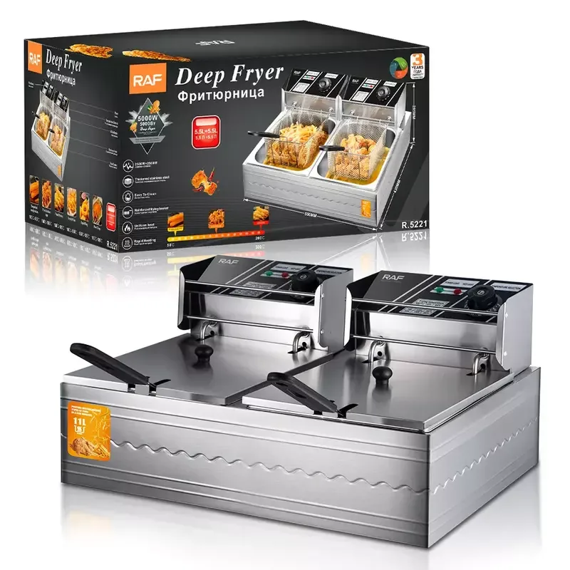 RAF Commercial Deep Fryer 5.5L + 5.5L 2500W, Reinforced Frying Basket, Thickened Stainless Steel, Uniform Heating, Rapid Heating R.5221 2 RAF Commercial Deep Fryer 5.5L + 5.5L 2500W, Reinforced Frying Basket, Thickened Stainless Steel, Uniform Heating, Rapid Heating R.5221