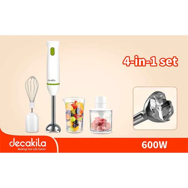 Decakila Hand Blender 4 in1 Multifunction 600W Chopper Bowl 350ML With Mixer & Cup With 1 350ml Chopper Bowl With 1 Whisk With 1 Measuring Cup KEJB038W