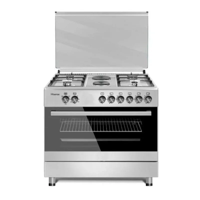 Hisense Freestanding Cooker 90x60cm, 4 Gas + 2 Electric Burners, Electric Oven, Glass Lid, Silver HF942GEES