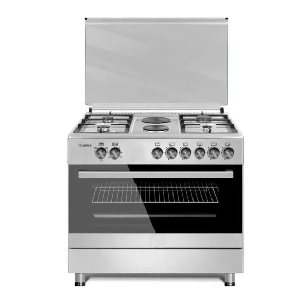 Hisense Freestanding Cooker 90x60cm, 4 Gas + 2 Electric Burners, Electric Oven, Glass Lid, Silver HF942GEES