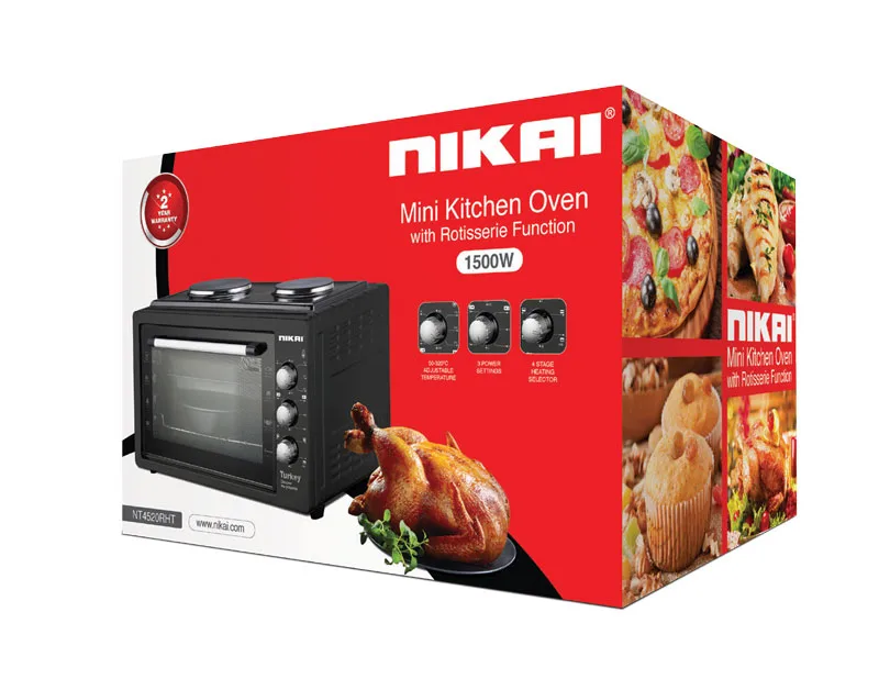 Nikai Oven Electric 45l with Rosting Function and 2 Hotplate NT4520RHT 60 Mins Timer Stainless Steel Heating Elements Inner Light