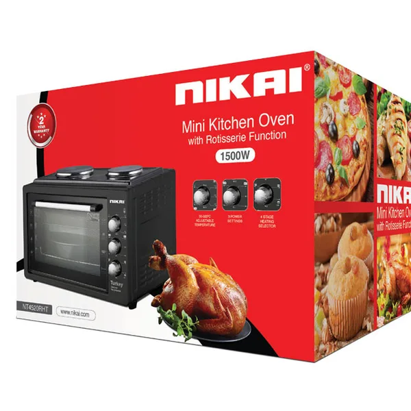Nikai Oven Electric 45l with Rosting Function and 2 Hotplate NT4520RHT 60 Mins Timer Stainless Steel Heating Elements Inner Light