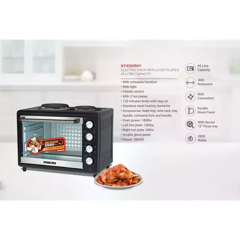 Nikai Oven Electric 45l with Rosting Function and 2 Hotplate NT4520RHT 60 Mins Timer Stainless Steel Heating Elements Inner Light