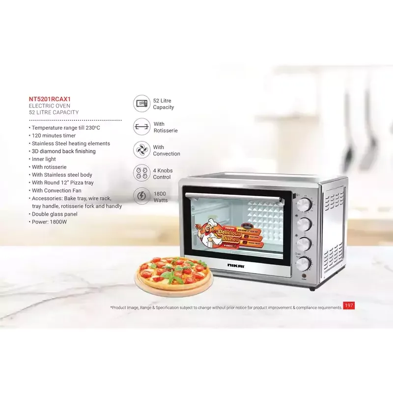 Nikai Oven Electric 52L With Rosting Function 4 Knobs Control 1800W NT5201RCAX1 120 Mins Timer Stainless Steel Heating Elements Inner Light Convection Fan Double Glass Panel