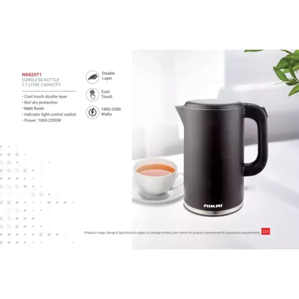 Nikai Jug Kettle 1.7L Plastic Double Layer 2200W NK820T1 Boil Dry Protection With Indicator Light Matt Finish Cool Touch Double Layer