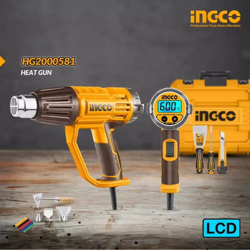 Ingco Electric Heat Gun 2000W with LCD Screen, 3pcs Nozzle & 1 Scraper HG2000581