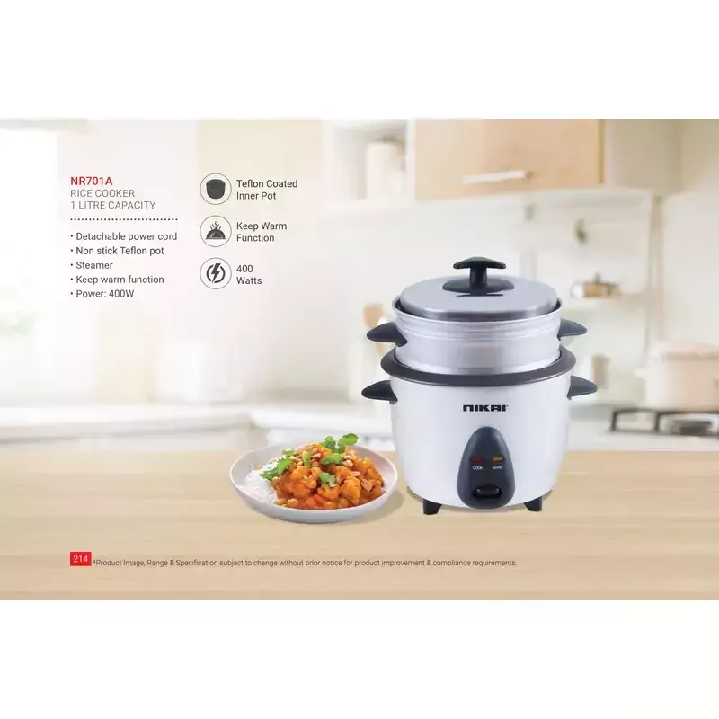 Nikai Rice Cooker 1L Keep Warm Function Teflon Coated Inner Pot 400w NR701A Aluminum Steamer Detachable Power Cord Indicator Lights