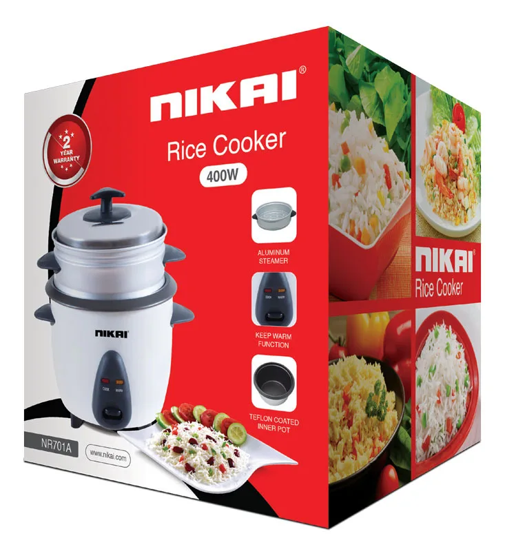 Nikai Rice Cooker 1L Keep Warm Function Teflon Coated Inner Pot 400w NR701A Aluminum Steamer Detachable Power Cord Indicator Lights