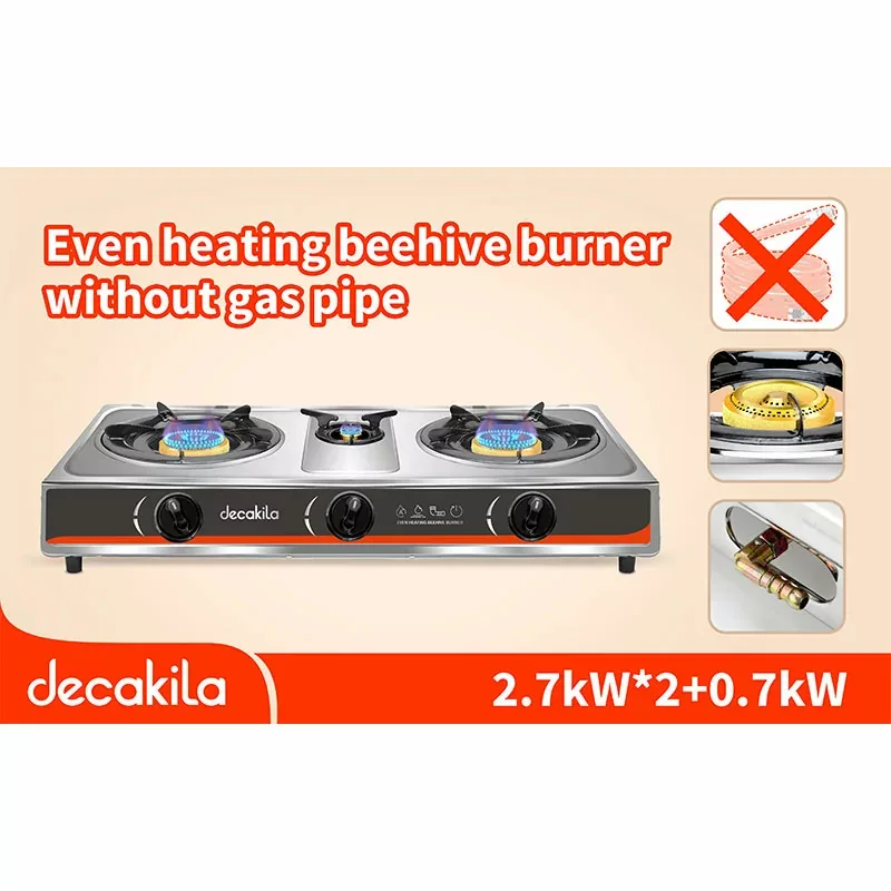 Decakila Gas Cooker 3 Burner 2.7kW x 2 + 0.7kW Stainless Steel Even Heating Kmgs041m