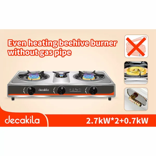 Decakila Gas Cooker 3 Burner 2.7kW x 2 + 0.7kW Stainless Steel Even Heating Kmgs041m