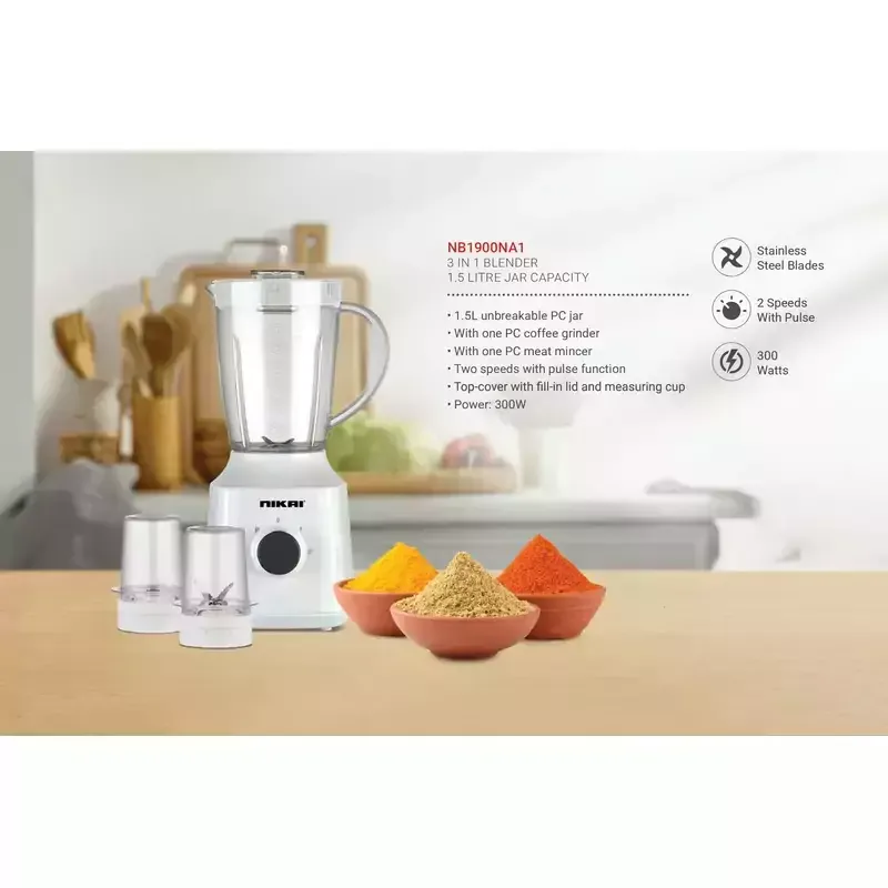 Nikai Blender 1.5l with Dry and Wet 2 Grinders 300w NB1900NA1 3 Plastic Jars 1 Cofee Grinder & 1 Meat Mincer 2 Speed With Pulse