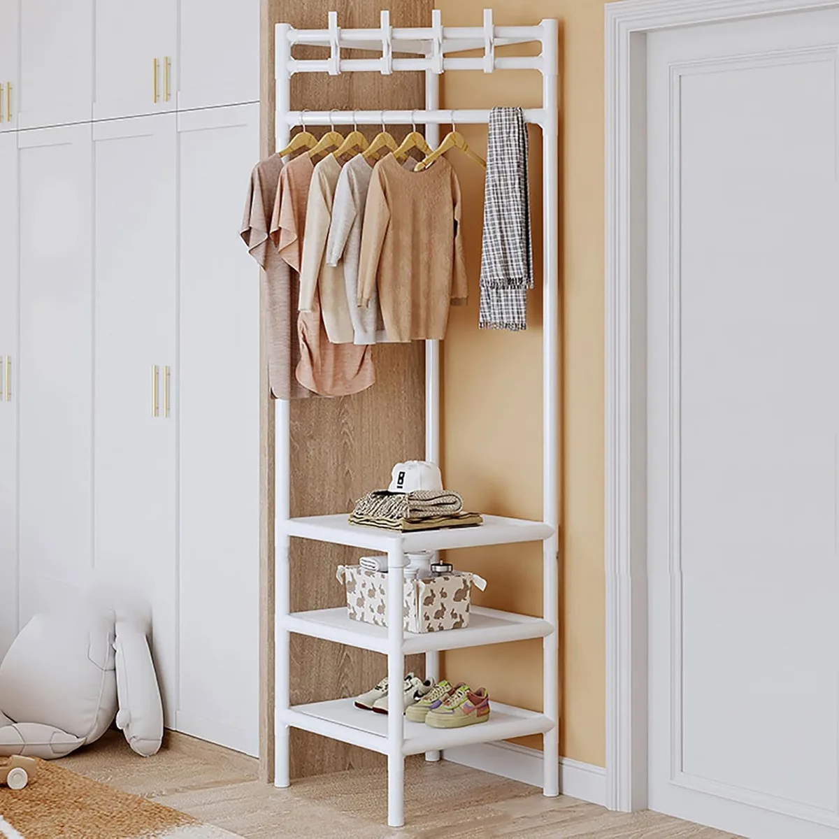 Corner Wardrobe, 3 Tier Corner Hall Tree, Metal Entrance Wardrobe, Freestanding Clothes Rack, Shoe Rack - JHC340L