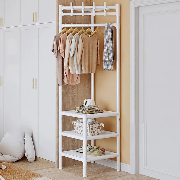 Corner Wardrobe, 3 Tier Corner Hall Tree, Metal Entrance Wardrobe, Freestanding Clothes Rack, Shoe Rack - JHC340L