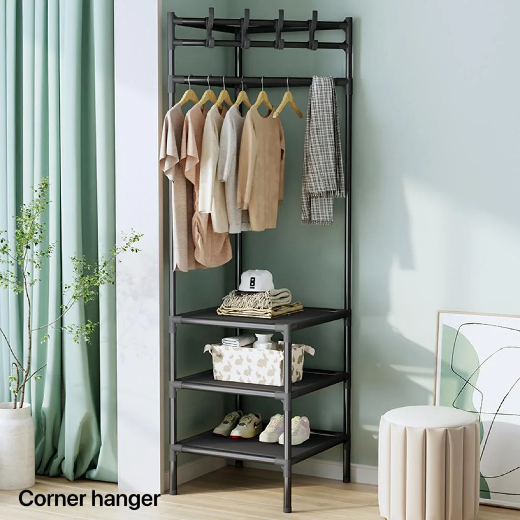 Corner Wardrobe, 3 Tier Corner Hall Tree, Metal Entrance Wardrobe, Freestanding Clothes Rack, Shoe Rack - JHC340L