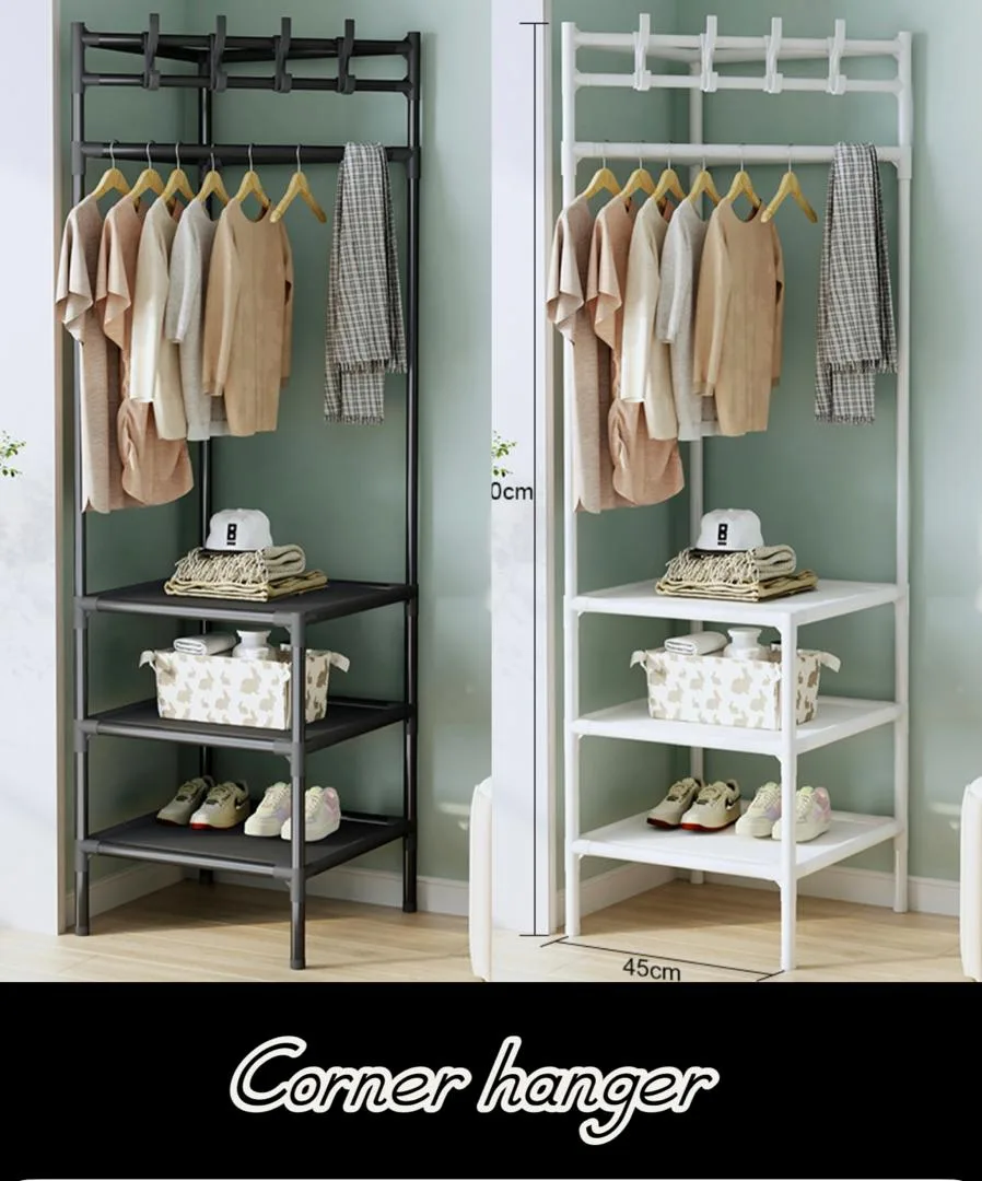 Corner Wardrobe, 3 Tier Corner Hall Tree, Metal Entrance Wardrobe, Freestanding Clothes Rack, Shoe Rack - JHC340L